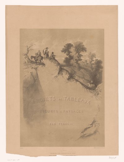 Otsikkoprintti kalliomaisemalla ja matkailijoilla rotkon varrella Férogion maisema- ja hahmotutkimukset (sarjan nimi) Projets de tableaux de figures et paysages, par Férogio (sarjan nimi esineellä) tekijältä Fortuné Ferogio