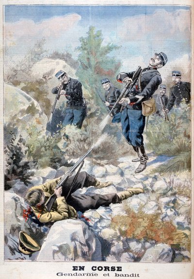 Asetaistelu rosvon ja santarmijoukon välillä, Korsika, 1898 tekijältä Fortuné Méaulle