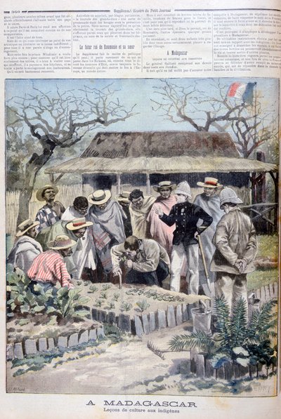 Maatalouden oppitunti Madagaskarin alkuperäiskansoille, 1897 tekijältä Fortuné Méaulle