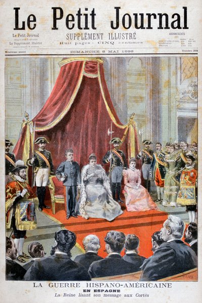 Espanjan kuningatar pitämässä puhetta, Espanjan ja Amerikan sota, 1898 tekijältä Fortuné Méaulle