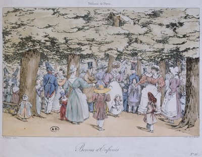 Lapset ja lastenhoitajat puistossa, Tableau de Paris -sarjasta, kaiverrus C. Motte, 1827 tekijältä Fortune Delarue