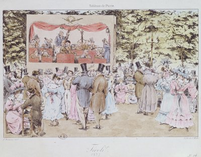 Musiikkiviihdettä New Tivoli Gardensissa Pariisissa, kaiverrus C. Motte, 1827 tekijältä Fortune Delarue