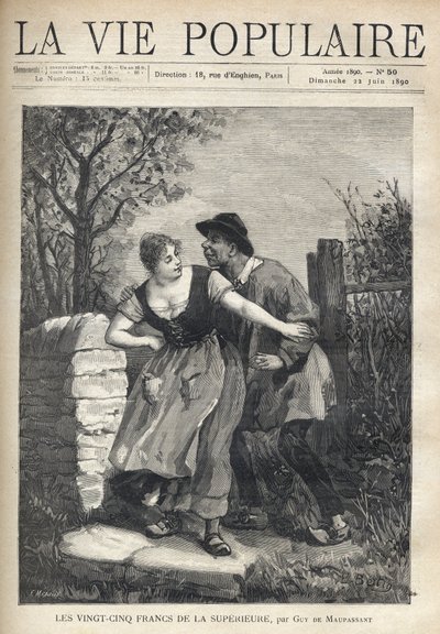 Pari talonpoikaa, mies puserossa ja kaviossa, hyppäsi nuoren naisen, joka työnsi hänet takaisin hymyillen ja kevyesti. E. Bertinin kuvitus Guy de Maupassantin (1850-1893) Les kaksikymmentäviisi frangia de la superieurelle. Kaiverrus Fortune Meaulle (184 tekijältä Fortune Louis Meaulle
