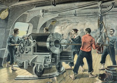 Laivaston patteri pommittaa Santiago de Cubaa, Espanjan ja Amerikan sota 1898 (kaiverrus). tekijältä Fortune Louis Meaulle