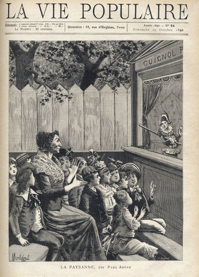 Nainen lastenjoukon keskellä taputtaa nukketeatteria (Guignol). Montegutin kuvitus Fortune Meaullesta Paul Arenen (1843-1896) "Talonpoikalle". Kaiverrus "La vie populaire" tekijältä Fortune Louis Meaulle
