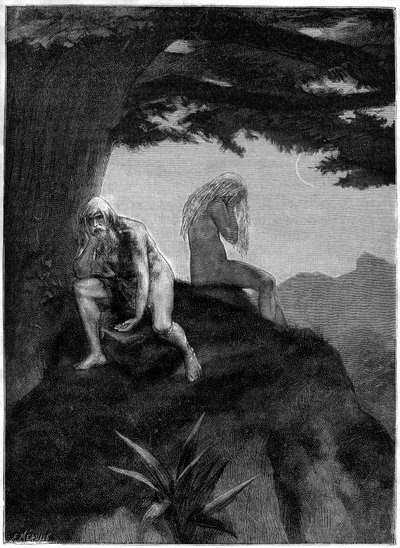 Aatami ja Eeva. Meaullen piirtämät haudat, jotka kuvittavat Victor Hugon runoa "Les misheureux", kokoelmassa "Les contemplations", painos Paul Ollendorff, 1900-luvun alku. tekijältä Fortune Louis Meaulle
