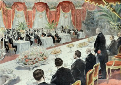 Elinkeinoelämän edustajien Felix Faurelle antama illallinen vuonna 1897 (kaiverrus). tekijältä Fortune Louis Meaulle