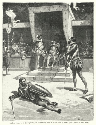 Kaksintaistelu Guy Cabot de Jarnacin ja Francois de Vivonnen, Seigneur de la Chataigneraien välillä Ranskan kuninkaan Henrik II:n ja koko hänen hovinsa edessä St Germain-en-Layessa tekijältä Fortune Louis Meaulle