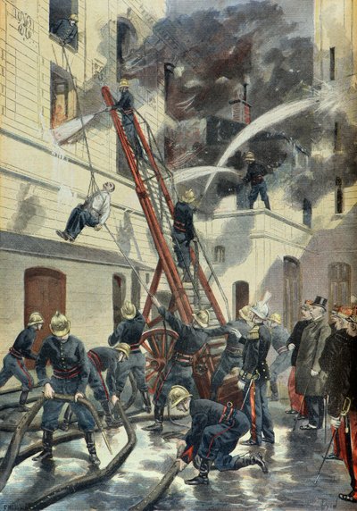 Felix Faure osallistuu Pariisin palokunnan koulutukseen vuonna 1898 (kaiverrus). tekijältä Fortune Louis Meaulle