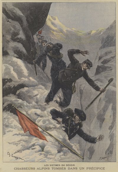 Ranskalaiset Chasseurs Alpinsin vuoristojoukot putoavat jyrkänteen yli tekijältä Fortune Louis Meaulle