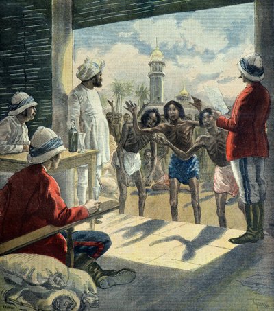 Hindut pyytävät englantilaisilta apua vuosien 1896 ja 1897 suuren nälänhädän aikana (kaiverrus). tekijältä Fortune Louis Meaulle