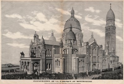 Sacre-Coeur-basilikan vihkiminen Montmartressa vuonna 1891 (muistomerkin ulkonäkö sellaisena kuin se tulee olemaan täydellisen valmistumisen jälkeen) - Meaullen kaiverrus vuonna 1891 tekijältä Fortune Louis Meaulle