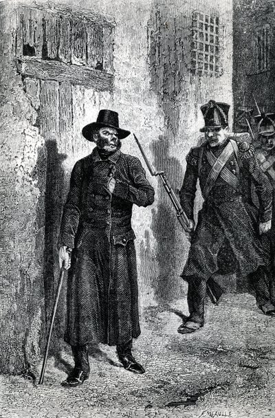 Javert jahtaa Valjeania, kuvitus Victor Hugon "Les Miserables" -julkaisusta, julkaissut J. Hetzel, 1865 (puukaiverrus) tekijältä Fortune Louis Meaulle