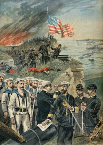 Amerikkalaisten joukkojen maihinnousu Guantanamossa, Espanjan ja Amerikan sota 1898 (kaiverrus). tekijältä Fortune Louis Meaulle