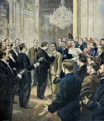 Louis Barthou palkitsee vaunumies Georgesin, bazar de la chariten pelastajan ,1897 (Kaiverrus) tekijältä Fortune Louis Meaulle