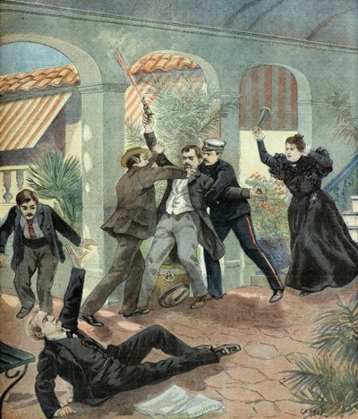 Anarkisti Michele Angiolillo murhasi Antonio Canovas del Castillon. tekijältä Fortune Louis Meaulle