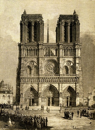 Notre-Dame de Paris (Notre-Dame) vuonna 1482: länsijulkisivu ja parvis. F. Meaullen kaiverrus, joka perustuu Viollet le Ducin (Viollet-le-Duc) piirrokseen, joka kuvittaa Victor Hugon samannimistä romaania, Ollendorffin kustantamo 1900-luvun alussa. Vasemma tekijältä Fortune Louis Meaulle