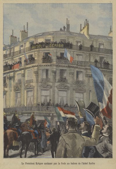 Transvaalin entinen presidentti Paul Kruger Pariisin Hotel Scriben parvekkeella vastaanottamassa yleisön suosiota tekijältä Fortune Louis Meaulle