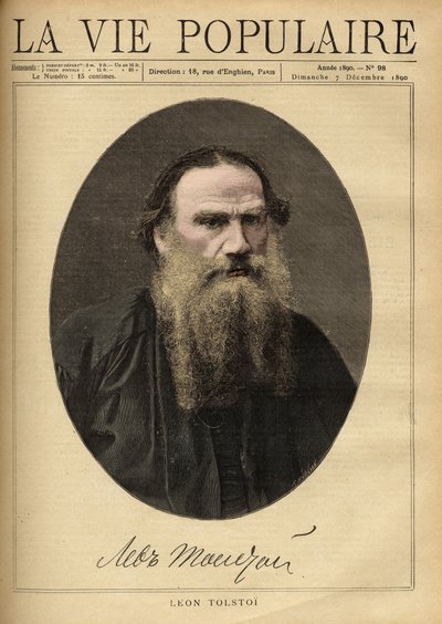 Muotokuva Leon Tolstoista (1828-1910), venäläisestä kirjailijasta. Kuvitus F. Meaulle. Kaiverrus vuodelta 1890 kirjassa "La vie populaire". Yksityinen kokoelma tekijältä Fortune Louis Meaulle