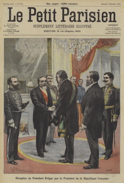 Ranskan presidentti Emile Loubet vastaanottaa Transvaalin entisen presidentin Paul Krugerin tekijältä Fortune Louis Meaulle