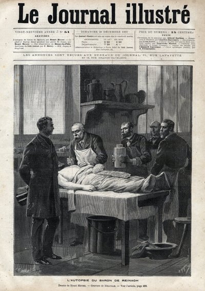 Paroni Jacques de Reinachin (1840-1892) ruumiinavaus vuonna 1892 - Meaullen kaiverrus "The Illustrous Journal" -julkaisussa 1892 tekijältä Fortune Louis Meaulle
