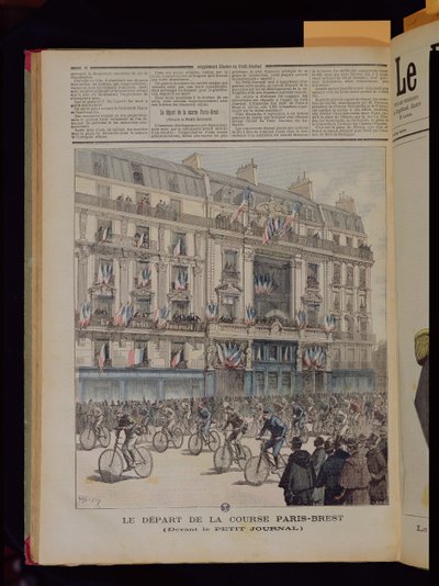Pariisi-Brest-pyöräkilpailun lähtö Le Petit Journalin toimiston edessä, kuva samannimisestä lehdestä, 15. syyskuuta 1891. tekijältä Fortune Louis Meaulle