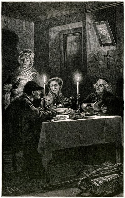 Victor Hugo "Les Miserables" Meaullen kaiverrettu kuvitus Lixistä: Forcat ja Eveque. Jean Valjean, jolle eveque Myriel tarjosi sairaalaa, sitoutuu viimeiseen pakoonsa: isäntänsä hopeaesineisiin. Pöydällä kaksi hopeista kynttilänjalkaa tekijältä Fortune Louis Meaulle