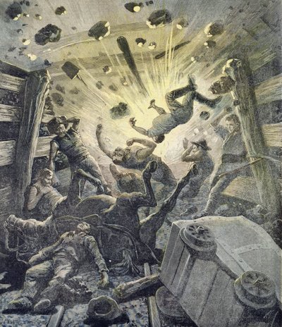 Kaasuräjähdys, kuva Le Petit Journalin kuvitetusta liitteestä, 2. huhtikuuta 1892 tekijältä Fortune Louis Meaulle and Henri Meyer
