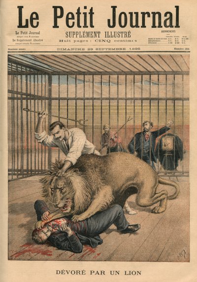 Leijonan syömä, etukannen kuvitus "Le Petit Journalista", liitekuva, 29. syyskuuta 1895 tekijältä Fortune Louis Meaulle and Henri Meyer