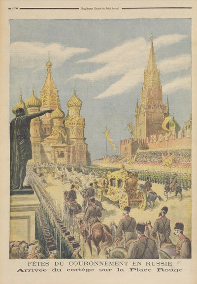 Tsaari Nikolai II:n (1894-1917) kruunajaisten juhlat. Korteegin saapuminen Punaiselle torille, Le Petit Journal -lehdestä, 31. toukokuuta 1896 tekijältä Fortune Louis Meaulle and Henri Meyer