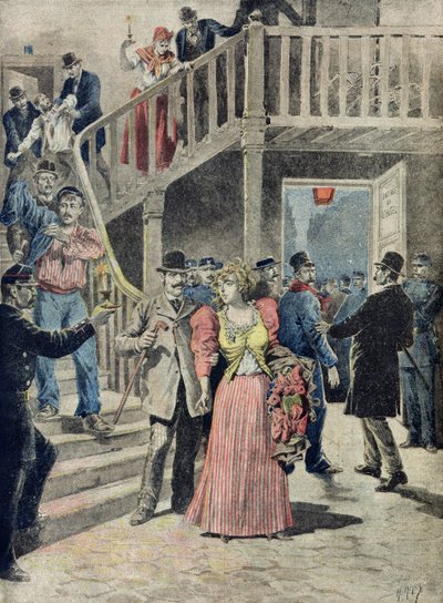 Prostituoitujen pidättäminen pariisilaisissa hotelleissa, Le Petit Journal, 4. elokuuta 1895. tekijältä Fortune Louis Meaulle and Henri Meyer