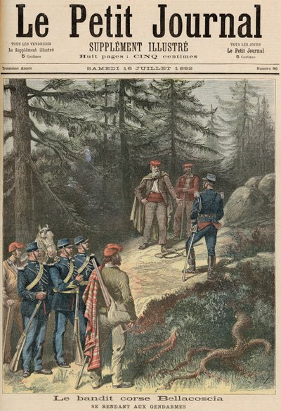 The Corsican Bandit, Jacques Bellacoscia, Antautuminen poliisille, "Le Petit Journal", 16. heinäkuuta 1892 (väri litho) tekijältä Fortune Louis Meaulle and Henri Meyer
