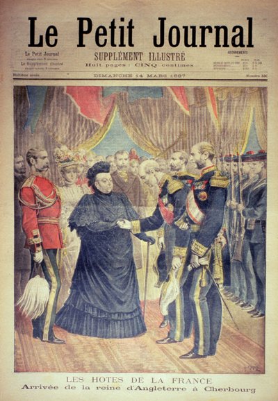 Ranskalaiset isännät: Englannin kuningattaren saapuminen Cherbourgiin, Le Petit Journalin etukansi, 14. maaliskuuta 1897 tekijältä Fortune Louis Meaulle and Henri Meyer