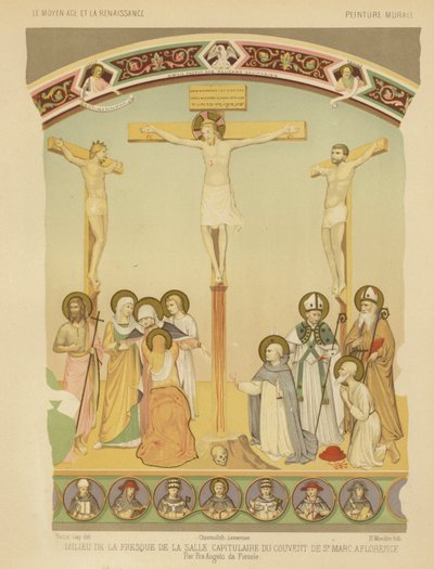 Jeesuksen Kristuksen ristiinnaulitseminen, fresko San Marcon luostarissa Firenzessä (chromolitho) tekijältä Fra (after) Angelico