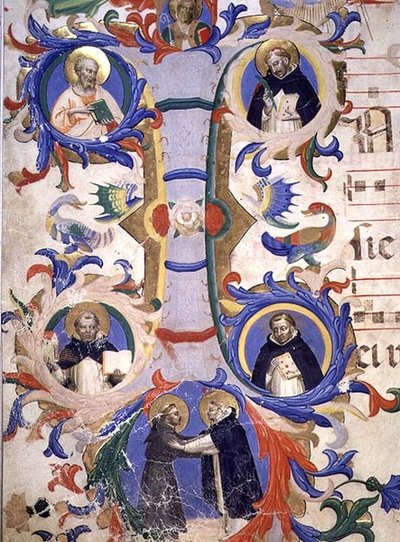 Ms 558 f.67v Historioitu alkukirjain "I", joka kuvaa (myötäpäivään) SS. Augustinus, Ambrose, Pietari marttyyri, Gregory ja Hieronymus, yksityiskohta Missaalista, 1430-luvun alku (vellum) (88937:n yksityiskohta) tekijältä Fra (c.1387 1455) Angelico