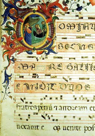 Ms 558 f.9r Historioitu alkukirjain "O", joka kuvaa Pyhän Pietarin ja Pyhän Andreaksen kutsumista nuottikirjoituksella, yksityiskohta missalin sivusta, 1430-luvun alku (vellum) (katso lisätietoja 78833 ja 88929) tekijältä Fra (c.1387 1455) Angelico