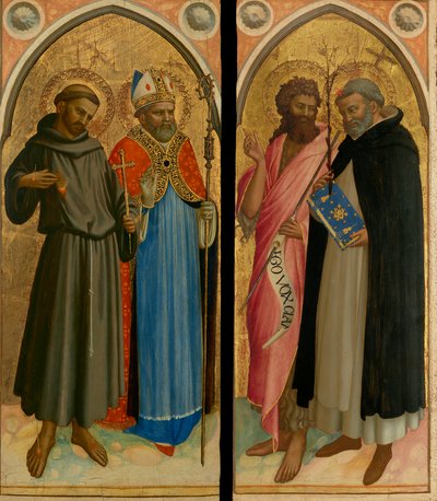 Pyhä Fransiskus ja piispa Pyhä, Johannes Kastaja ja Dominikaaninen, 1420-luvun loppu (tempera ja lehtikulta paneelille). tekijältä Fra (c.1387-1455) Angelico