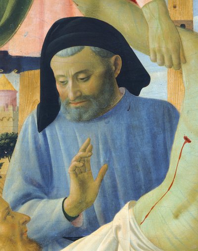 Arkkitehti Michelozzo, yksityiskohta teoksesta Ristin laskeuma tai Pyhän kolminaisuuden alttaritaulu, noin 1432, Giovanni da Fiesole, joka tunnetaan nimellä Fra Angelico (1400-n. 1455), tempera puulla tekijältä Fra (c.1387 1455) Angelico