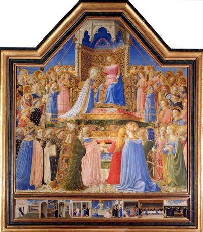 Neitsyen kruunaus, n. 1430-32 (tempera paneelissa) - "" Neitsyen kruunaus"" Guido di Pietron (tai Fra Giovanni da Fiesolen) maalaus Fra Angelico ou il Blessed (1387-1455) 1400-luku Aurinko. 2,09 x 2,06 m Pariisi, Louvre-museo. tekijältä Fra  Angelico