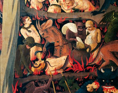 Helvetti demonien kanssa rankaisemassa ahneita, yksityiskohta Giovanni da Fiesolen viimeisestä tuomiosta, joka tunnetaan nimellä Fra Angelico (1400-noin 1455), tempera puulla tekijältä Fra (c.1387 1455) Angelico
