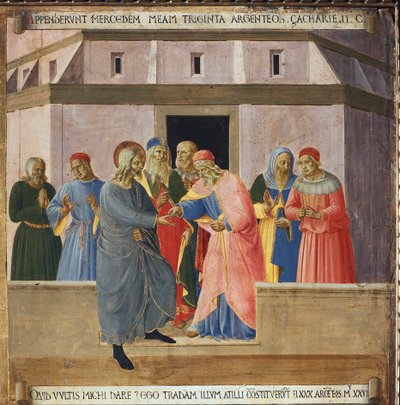 Juudas meni ylipappien luo ja suostui luovuttamaan Jeesuksen vastineeksi kolmestakymmenestä hopearahasta. Kristuksen elämä, Armadio degli Argenti. (Tempera puulla tekijältä Fra  Angelico
