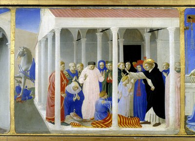 Pyhä Dominica (1170 - 1221) herättää henkiin Napoleone Orsinin, "Neitsyen kruunaamisen" alaosan (predelle), joka edustaa Kristusta haudalla, ja kuusi jaksoa Pyhän Dominican, sen ritarikunnan perustajan, jolle Angelicode kuuluu, elämästä tekijältä Fra  Angelico