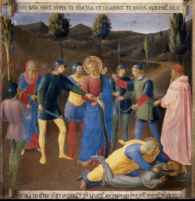 Jeesuksen pidätys. Kristuksen elämä, hopeinen vaatekaappi. (Tempera puulla tekijältä Fra  Angelico