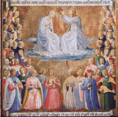 Neitsyen kruunaus. Kristuksen elämä, Armadio degli Argenti. (Tempera puulla tekijältä Fra  Angelico