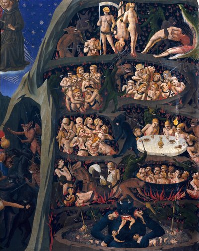 Viimeinen tuomio: helvetti. Helvetin piireissä kidutettujen kirottujen sielut. Paholainen alakerrassa on yksi niistä. Guido di Pietron (tai Fra Giovanni da Fiesolen) maalaus, Fra Angelico ou il Beato (1400-1455) tekijältä Fra  Angelico