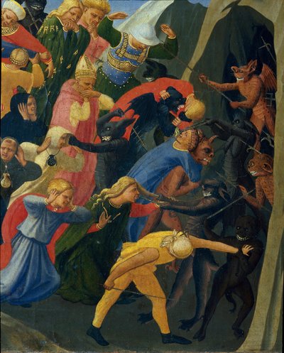 Viimeinen tuomio: demonit vievät paholaiset alamaailmaan. Guido di Pietron (tai Fra Giovanni da Fiesolen) maalaus, Fra Angelico ou il Beato (1400-1455) tekijältä Fra  Angelico
