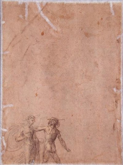 Kaksi figuuria (käänteinen) (musta ja keltainen liitu korotettu valkoisella paperilla) (katso 152658) tekijältä Fra 1472 1517 Bartolommeo