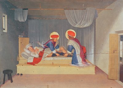 Alttaritaulu, Neitsyt ja lapsi enkelien ja kahdeksan pyhimyksen ympäröimänä. Predella: Cosmas ja Damien, jotka siirtävät neekerin jalan Justinianuksen diakonille (tempera paneelille). tekijältä Fra Angelico
