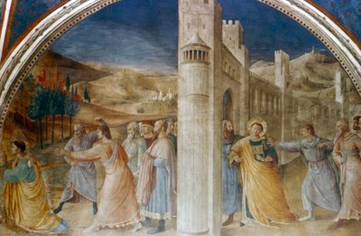 Pyhän Stephenin pidätys ja kivittäminen, 1400-luvun puoliväli tekijältä Fra Angelico