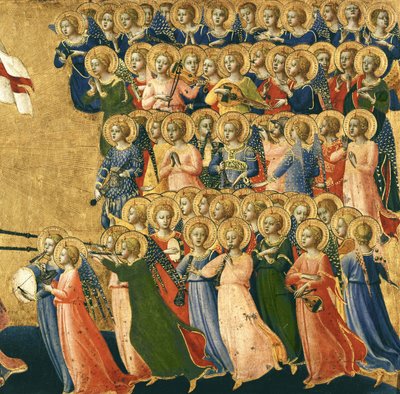 Kristus kirkastettu taivaan hovissa, yksityiskohta musiikkienkeleistä oikealta, 1419-35 (tempera paneelissa) (yksityiskohta 4052) tekijältä Fra Angelico